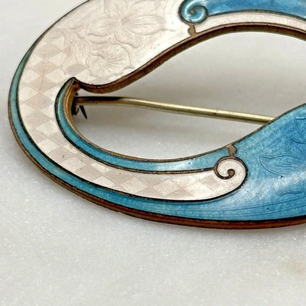 Vintage Guilloche Enamel Sash Pin Brooch Blue White Art Nouveau Unsigned